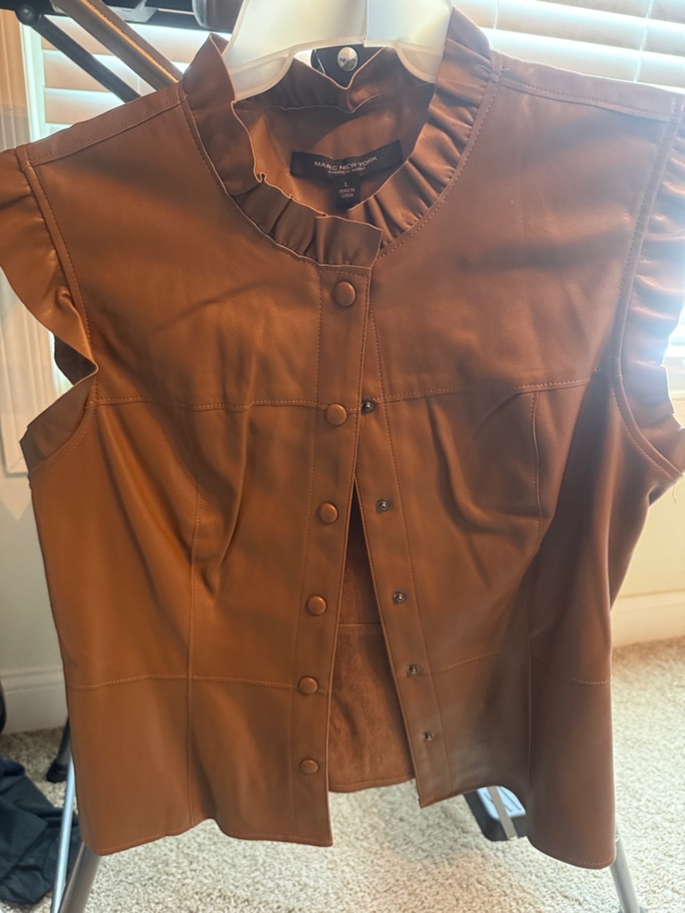 Marc New York Brown Faux Leather Ruffle Collar Snap-Front Vest